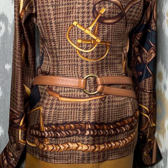 Ralph Lauren Brown Multi Glen Plaid Equestrian Elegance Silk Print Blouse - Picture 13 of 16